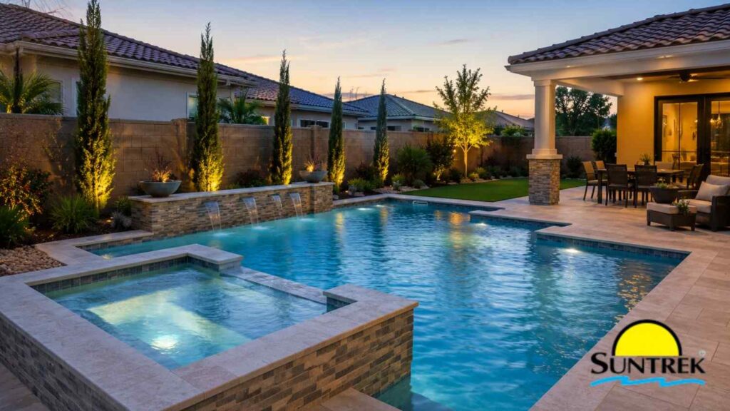 Backyard residential swimming pool with an attached spa.