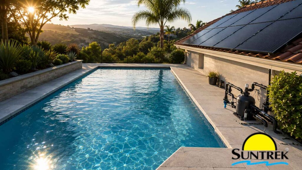 Residential pool with rooftop solar heating panels on a sunny day.