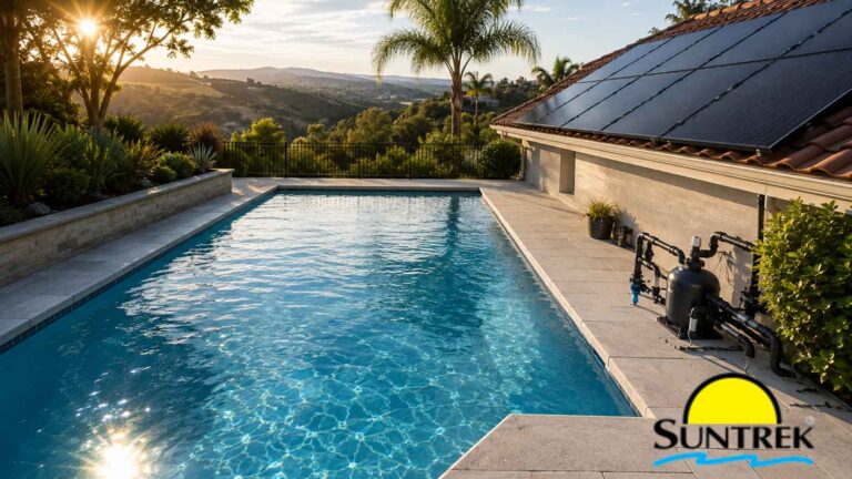 Residential pool with rooftop solar heating panels on a sunny day.