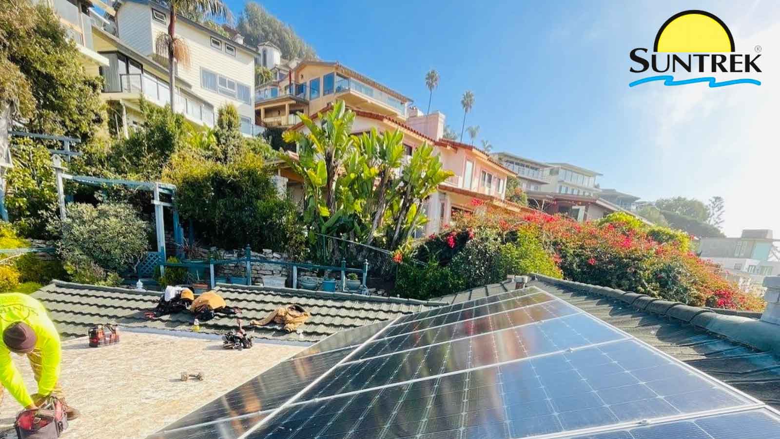 A neighborhood with multiple homes using solar energy.