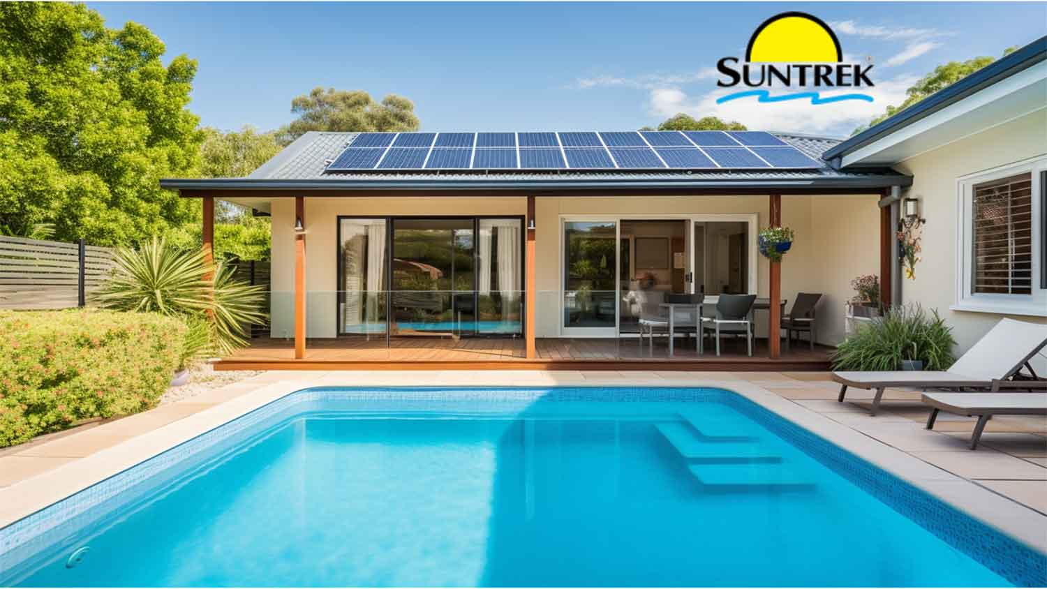 Residential house with a backyard pool using energy from rooftop solar panels