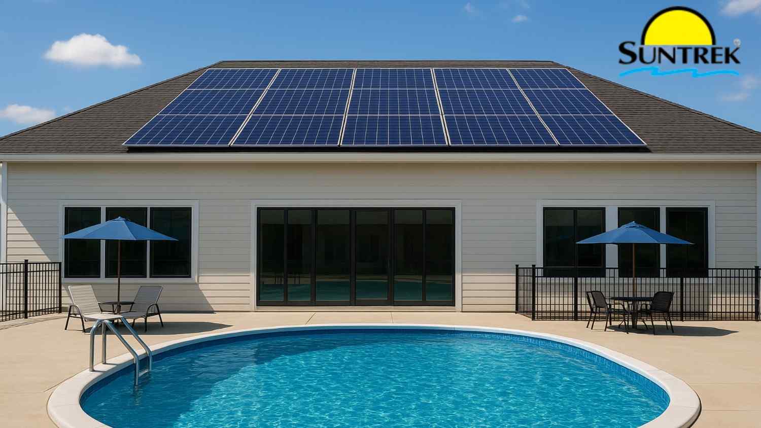 An in-ground swimming pool at a home heated and powered by solar panels