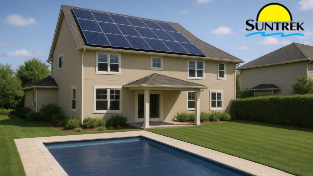 A residential house with a backyard pool with a solar pool cover