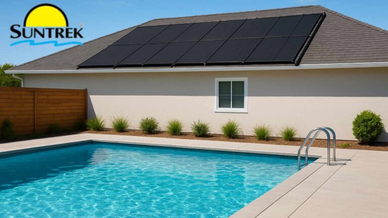 A residential house with a backyard pool with a solar pool cover