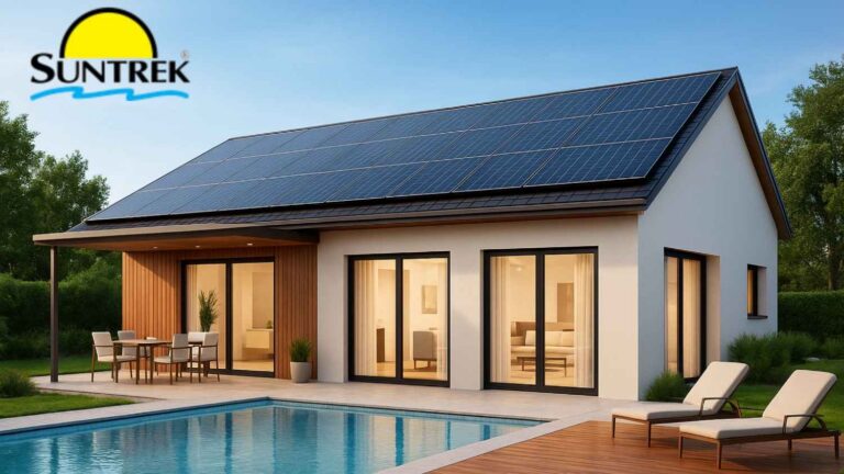 Modern residential backyard in-ground pool with solar panels on the roof