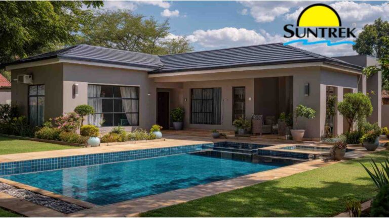 A modern house featuring a backyard swimming pool, surrounded by landscaping and outdoor seating.