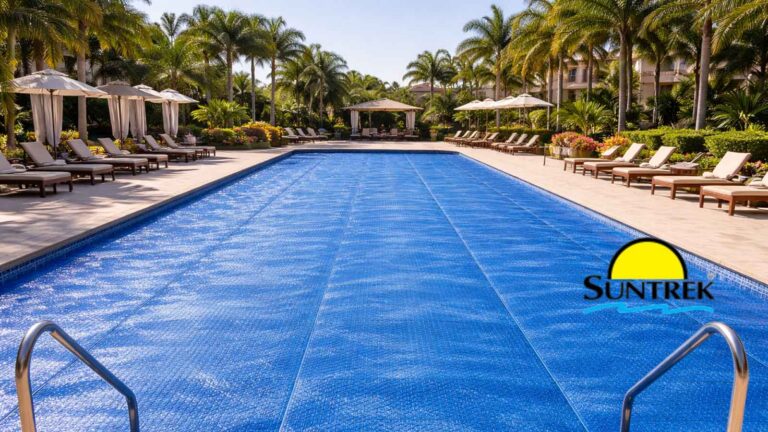 View of a commercial pool with pool cover