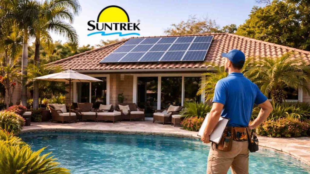 Technician standing beside a residential backyard swimming pool.