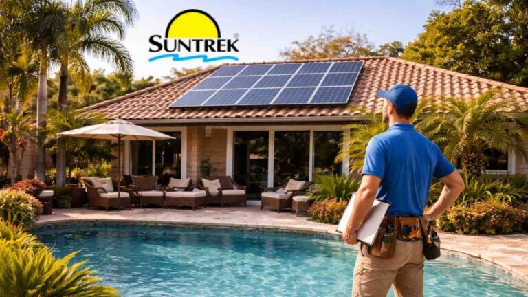 Technician standing beside a residential backyard swimming pool.