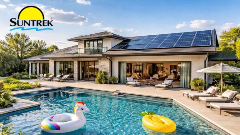 Cozy residential home with a backyard pool heated by solar panels