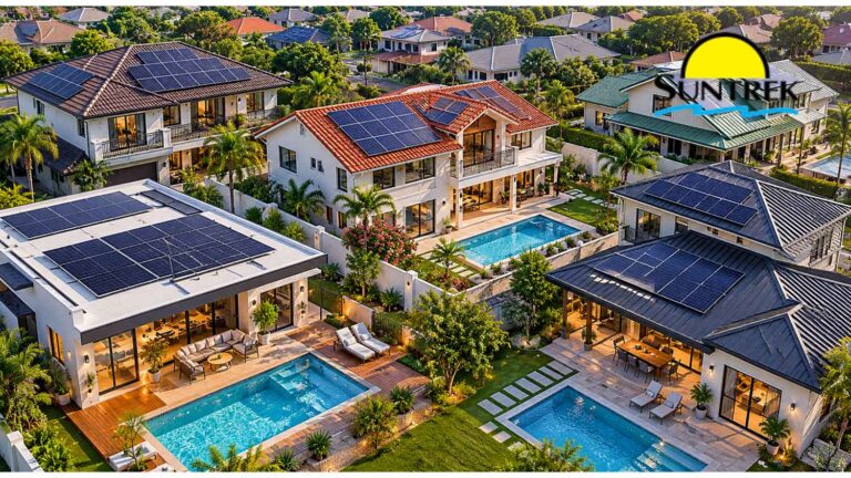 Residential homes with various roof styles and swimming pools.