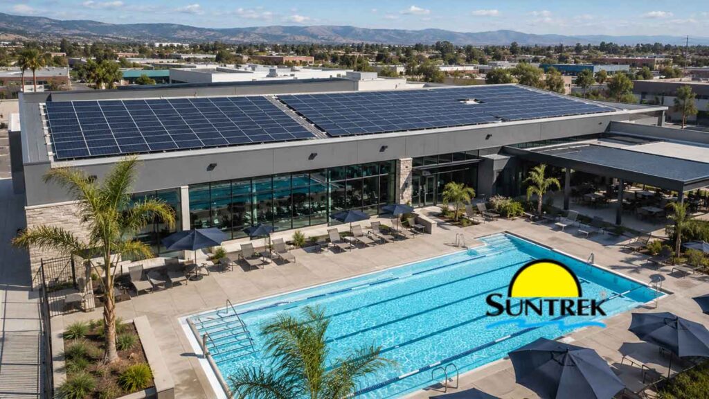 Swimming pool powered by a solar pool heating system.