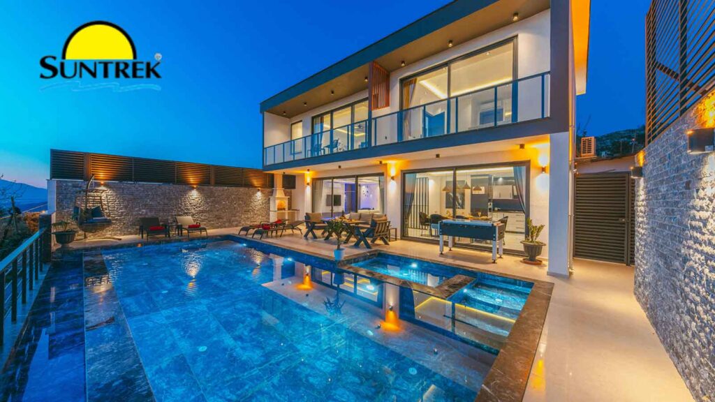 Modern residential property featuring a stylish outdoor swimming pool