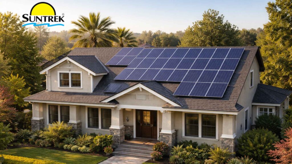 Residential house with solar panels installed on the roof