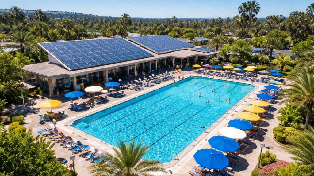A commercial swimming pool with solar panels installed on the roof