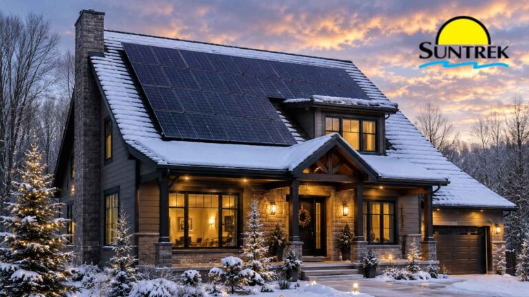Residential home in a winter setting with solar panels installed on the roof.