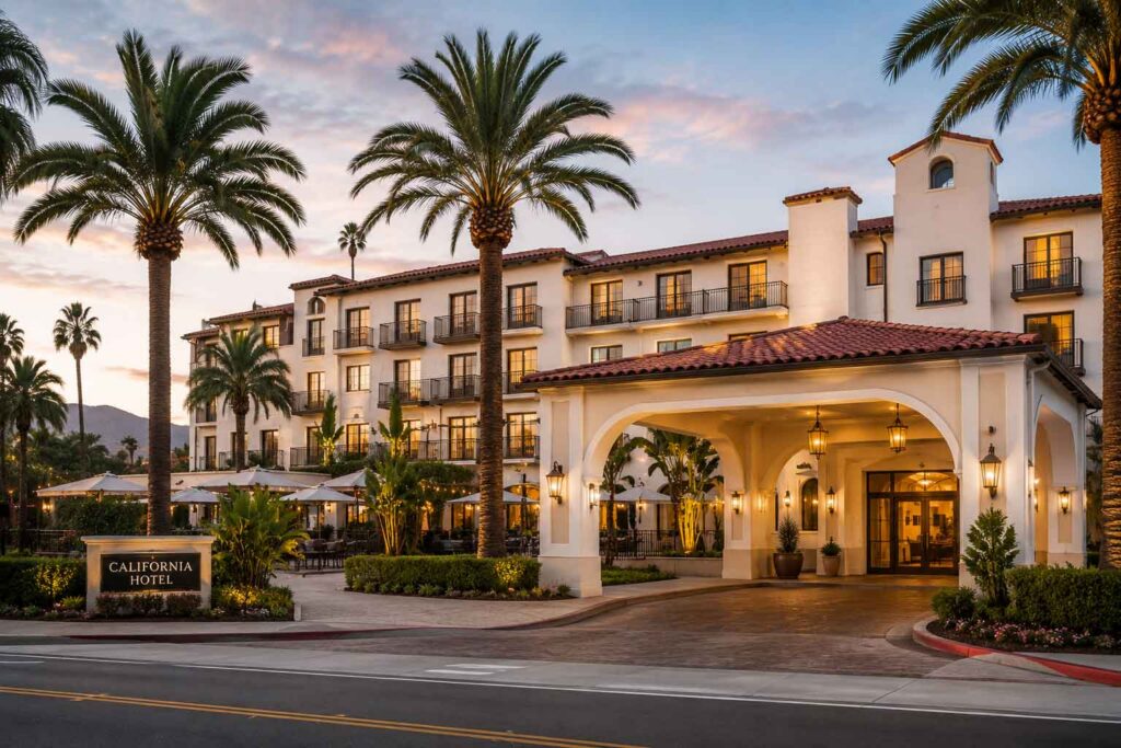 Exterior view of a California hotel with palm trees.