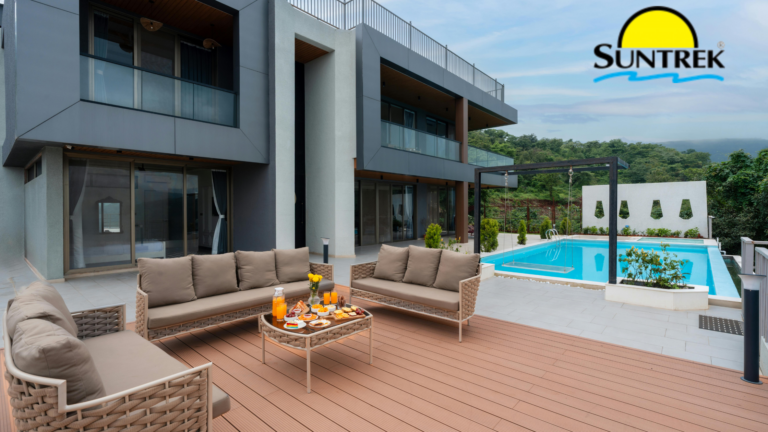 Residential property with a swimming pool under cloudy sky