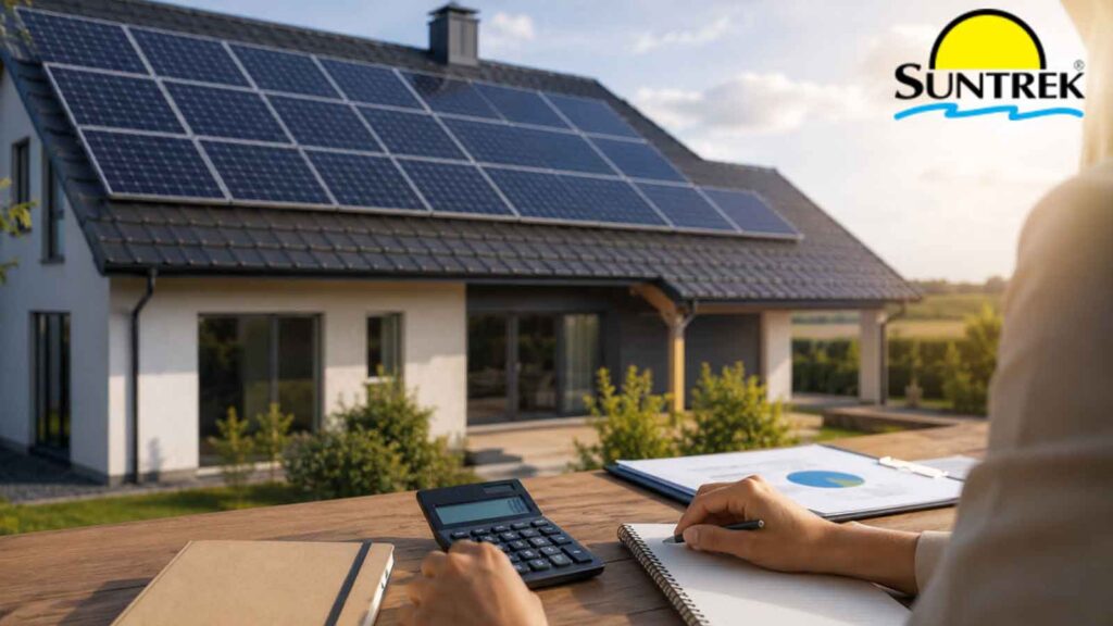 Homeowner reviewing solar financing options outside a home with solar panels.