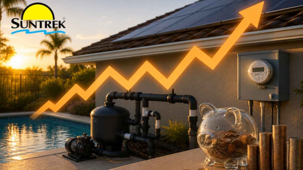 Backyard pool with rooftop solar panels illustrating rising pool heating costs.