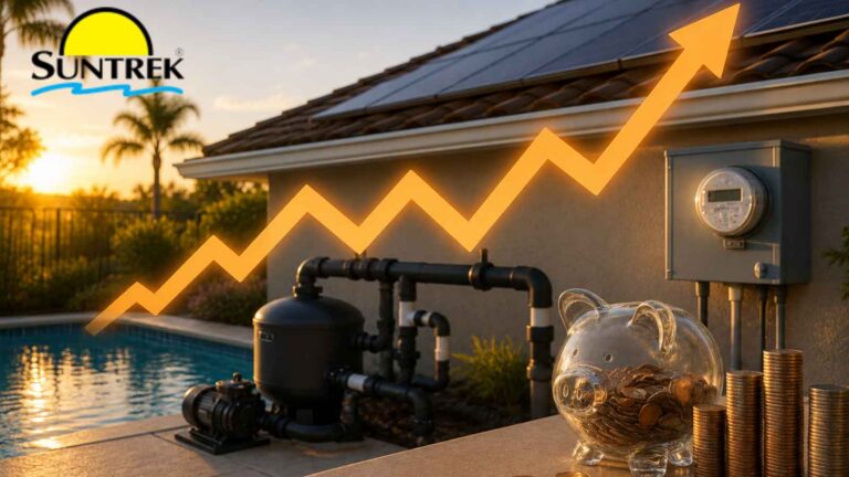 Backyard pool with rooftop solar panels illustrating rising pool heating costs.