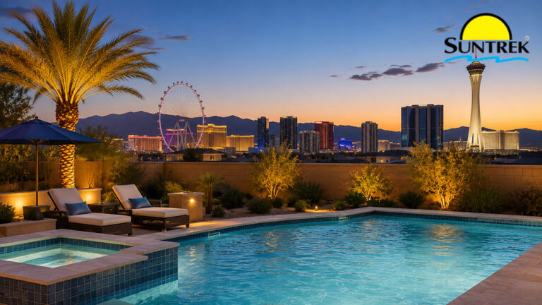 Swimming pool in a Las Vegas backyard with city skyline views.