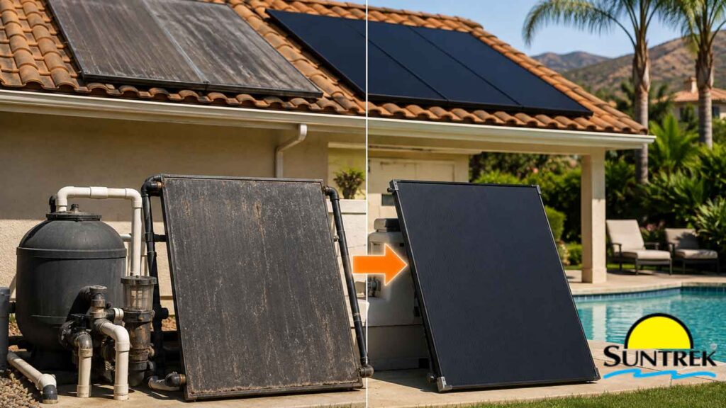 Old and new solar pool heaters beside a residential pool.