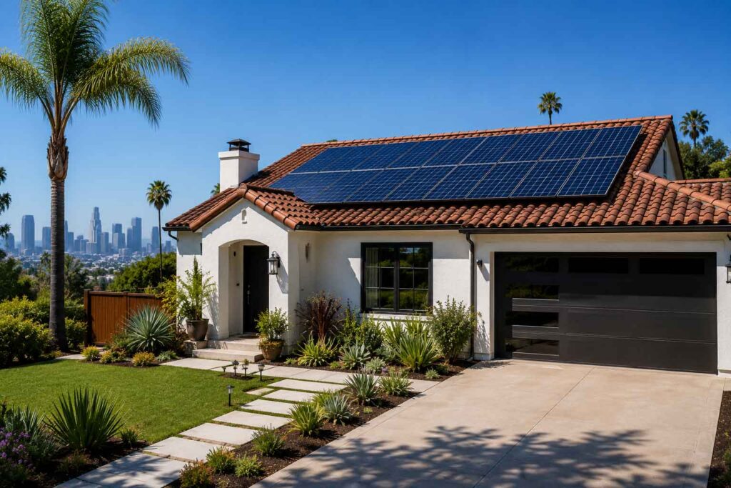 Modern home with rooftop solar panels.