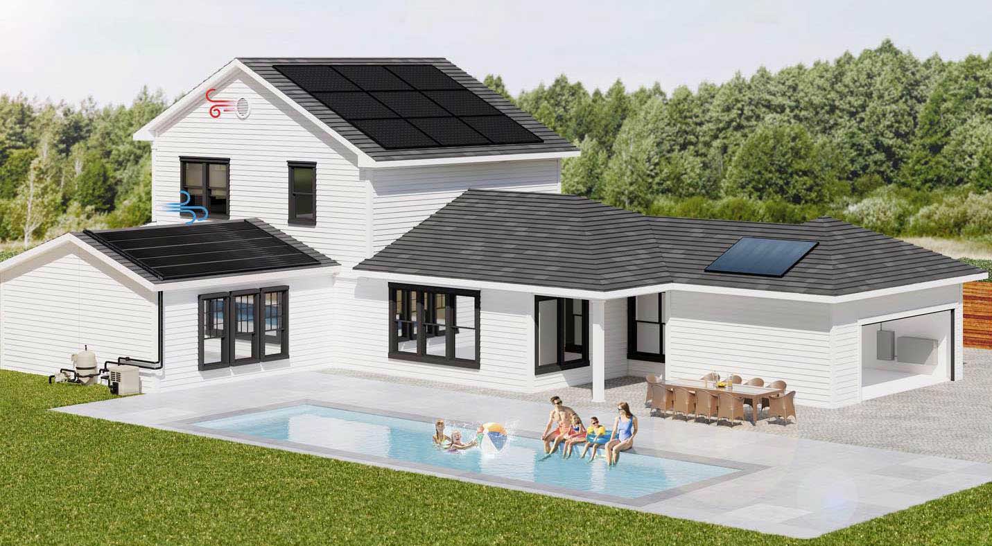 Home with Suntrek solar pool heating, solar electricity, energy storage, solar hot water and whole house fan systems