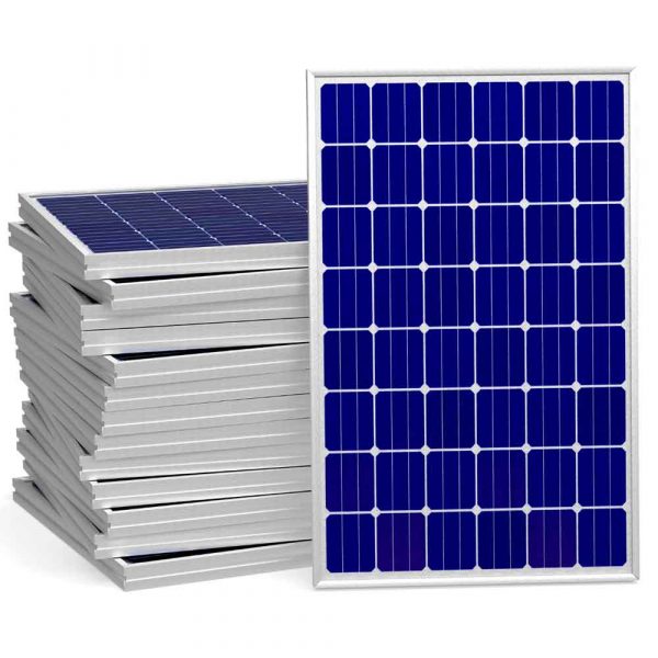 Neatly arranged solar panels stacked on-site