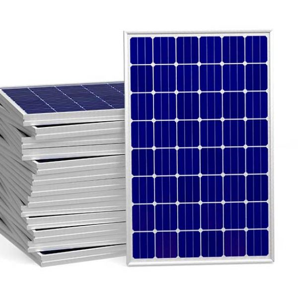 Neatly arranged stacks of solar panels