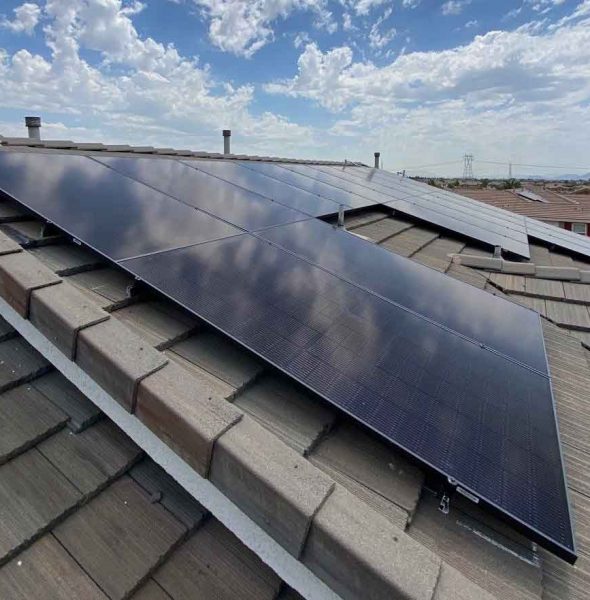 Close-up view of residential roof fitted with solar panels
